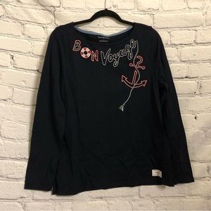 Talbots Navy Blue Bon Voyage Long Sleeves Top 100% Cotton Size Large